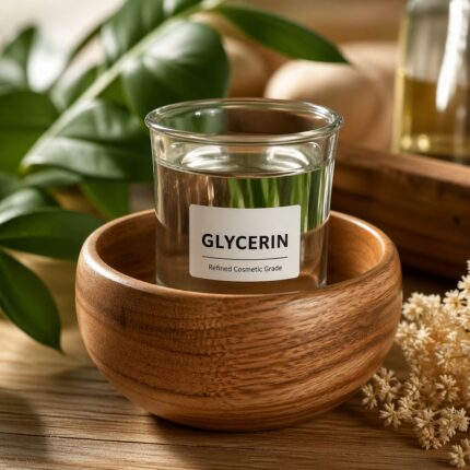 Refined cosmetic grade glycerin is a clear, colorless, viscous liquid used as a humectant to retain moisture in skin and hair care formulations.