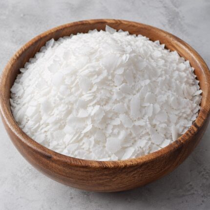 Glyceryl Stearate & PEG-100 Stearate off-white waxy flakes in a glass bowl used as an emulsifier in cosmetic formulations.