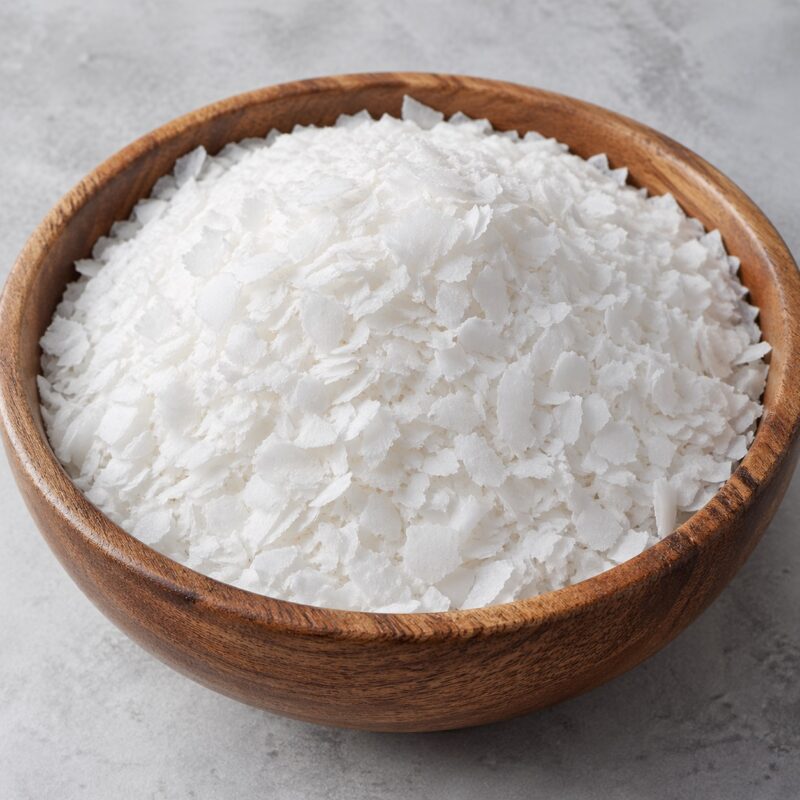 Glyceryl Stearate & PEG-100 Stearate off-white waxy flakes in a glass bowl used as an emulsifier in cosmetic formulations.