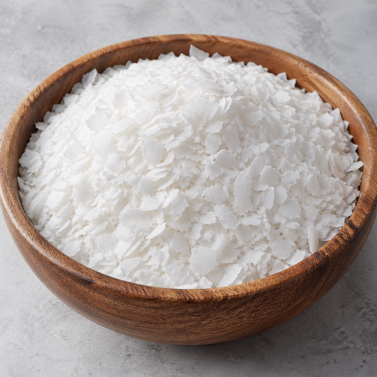 Hariol 165 -11 Glyceryl Stearate & PEG-100 Stearate off-white waxy flakes in a glass bowl used as an emulsifier in cosmetic formulations.