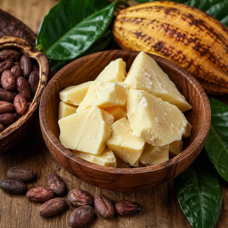 Refined Cocoa Butter is a pale yellow solid fat with a smooth texture, used as a moisturizing and emollient ingredient in skincare formulations.