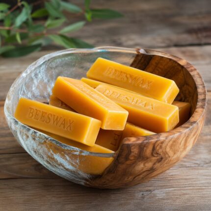 White beeswax solid white pellets in a glass bowl used as a natural thickener and stabilizer in cosmetic formulations.