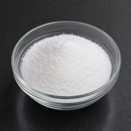 Ethyl Ascorbic Acid fine white powder in glass container used as stable vitamin C derivative for skin brightening in cosmetic formulations