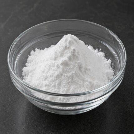 Azelaic Acid fine white crystalline powder in glass container used for acne treatment and skin brightening in cosmetic formulations