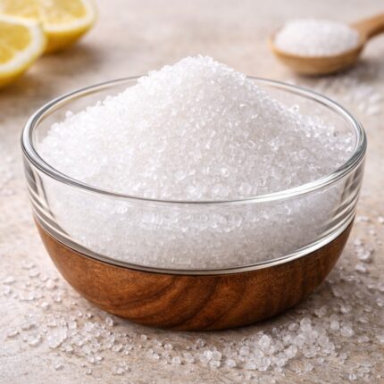 Citric acid monohydrate white crystalline powder White crystalline citric acid monohydrate powder in a glass bowl Citric acid monohydrate fine white crystalline powder used in food and cosmetic applications High-purity citric acid monohydrate white free-flowing crystalline powder Citric acid monohydrate crystalline powder chemical ingredient