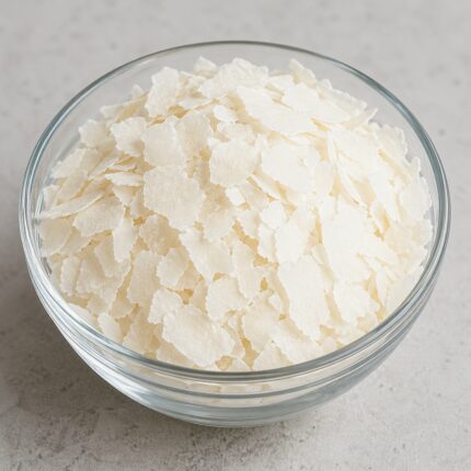 Glyceryl Monostearate off-white waxy flakes in a glass bowl used as an emulsifier and thickening agent in cosmetic formulations.