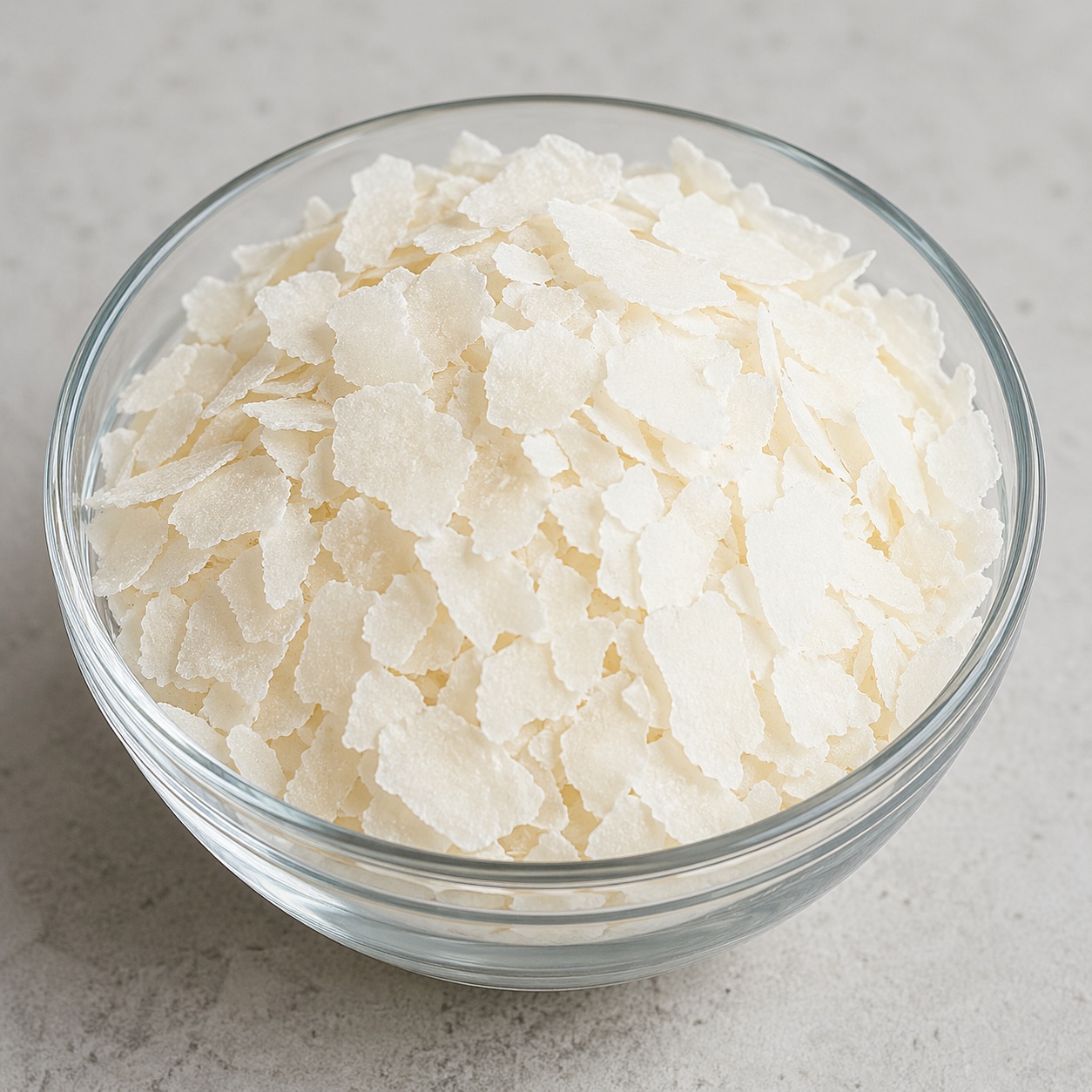 GMS Glyceryl Monostearate off-white waxy flakes in a glass bowl used as an emulsifier and thickening agent in cosmetic formulations.