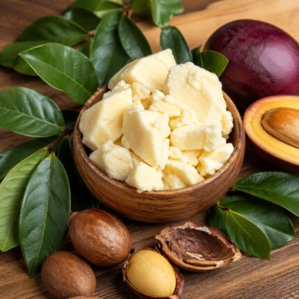 Kokum butter firm off-white solid in a glass bowl used for moisturizing and skincare formulations.