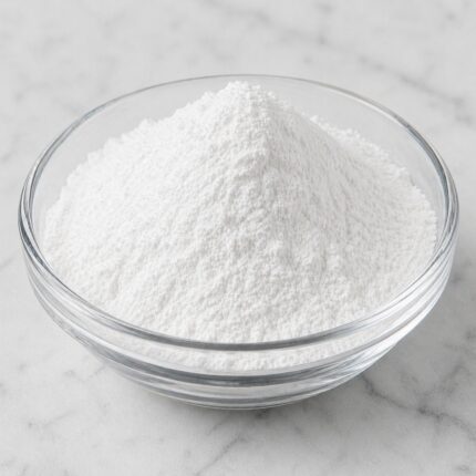 Salicylic Acid white crystalline powder in glass container used for acne treatment and exfoliation in cosmetic formulations