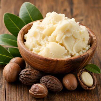 Unrefined shea butter creamy off-white solid in a glass bowl used for natural moisturizing and skincare formulations.