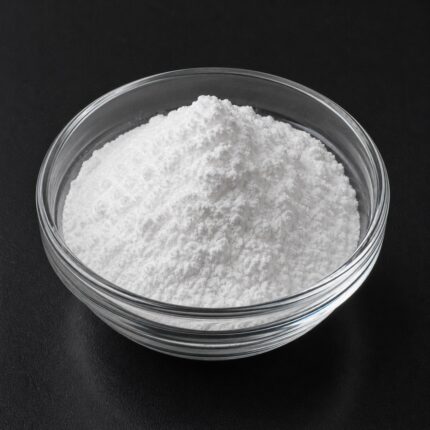 Ethyl Ascorbic Acid fine white powder in glass container used as stable vitamin C derivative for skin brightening in cosmetic formulations