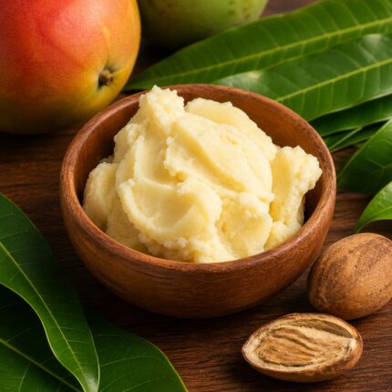 Mango seed butter creamy pale yellow solid in a glass bowl used for moisturizing and skincare formulations.