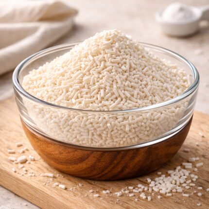 Potassium Sorbate white crystalline powder in glass container used as preservative in cosmetic and food formulations