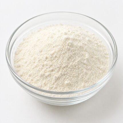 Light beige to off-white fine powder of Aloe Vera 200X extract in a glass bowl, used as a concentrated soothing and moisturizing ingredient in skincare formulations.