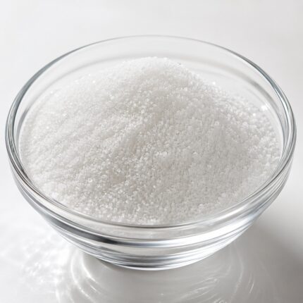 White crystalline powder of benzoic acid in a glass bowl, commonly used as a preservative in food and cosmetic formulations.