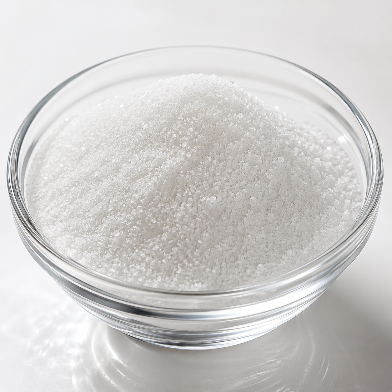 Benzoic acid White crystalline powder of benzoic acid in a glass bowl, commonly used as a preservative in food and cosmetic formulations.