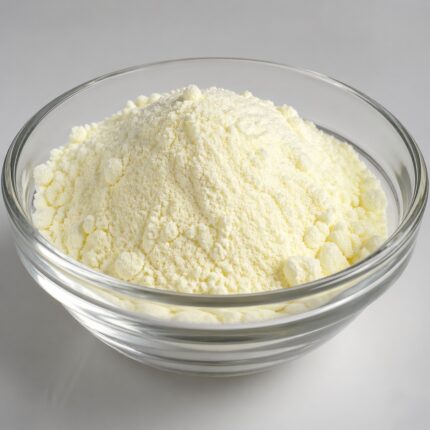 Avobenzone fine white to pale yellow powder in a container, commonly used in sunscreen formulations for effective UVA protection.