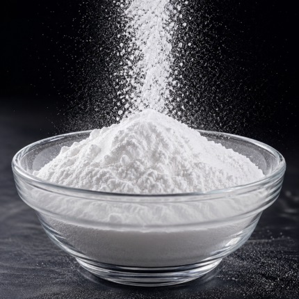 Imidazolidinyl urea powder in a glass container, showing its fine white crystalline texture.