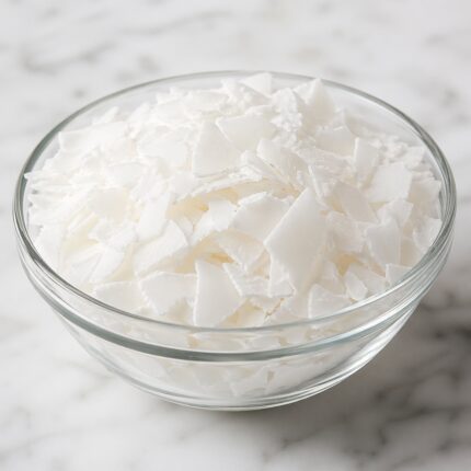 Olivem 1000 off-white waxy flakes in a glass bowl used as a natural emulsifier in cosmetic formulations.