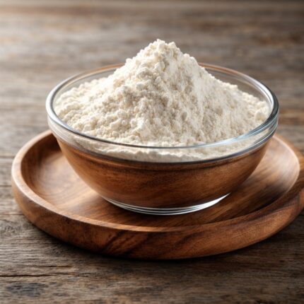 Sodium Ascorbyl Phosphate white fine powder cosmetic ingredient shown in a clear glass bowl, used as a stable Vitamin C derivative for brightening and antioxidant skincare formulations.