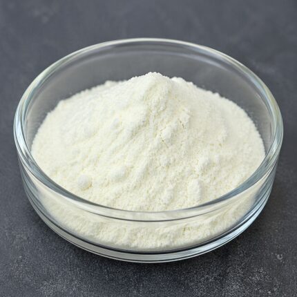 Sodium CMC (Sodium Carboxymethyl Cellulose) fine white powder in a container, commonly used as a thickener, stabilizer, and binder in food, pharmaceutical, and cosmetic formulations.