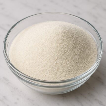 Off-white crystalline Succinic acid powder in a clean glass bowl, fine texture and cosmetic-grade appearance.