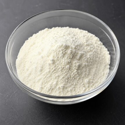 Tranexamic acid fine white crystalline powder in a glass container, commonly used in pharmaceutical and skincare formulations for its anti-fibrinolytic and skin-brightening properties.