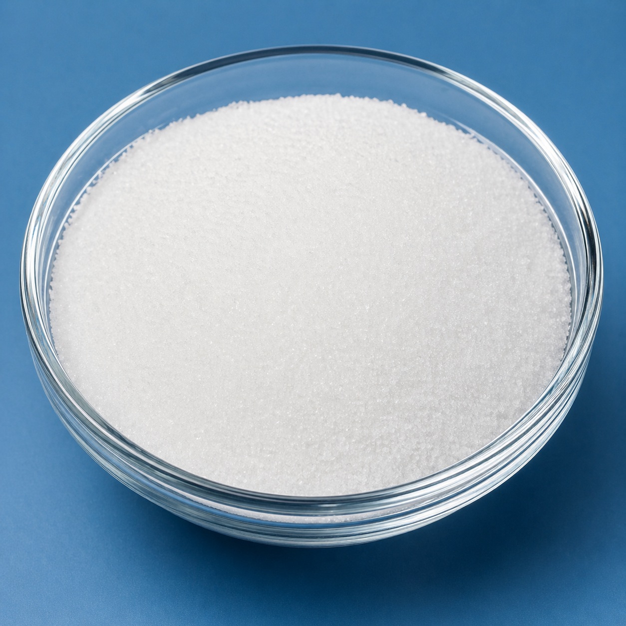 ethyl paraben Ethylparaben powder in a glass container, showing its fine white crystalline texture.