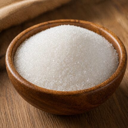 Hydroquinone powder in a glass container, showing its fine white crystalline texture.